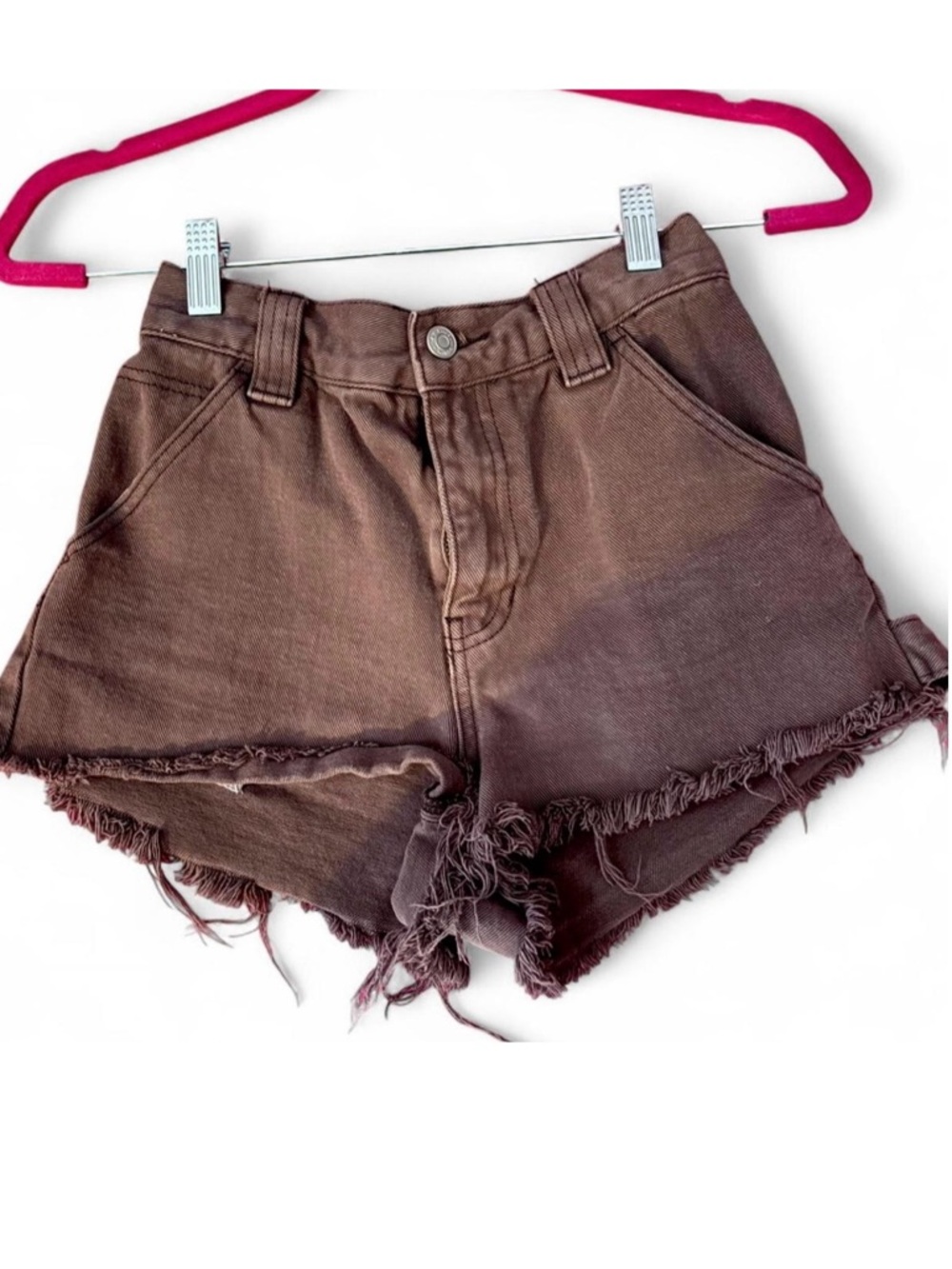 Brown denim high waisted shorts with frayed hem